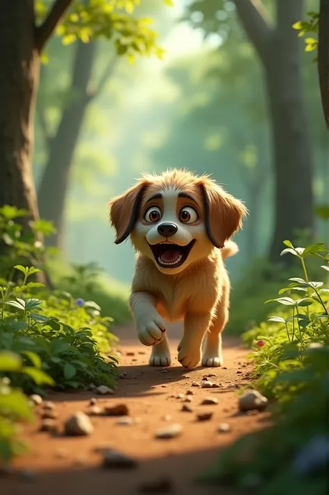 Cartoon 3d animation style"A wounded, weak dog limping towards Ramesh** from the edge of a nearby forest, looking desperate."