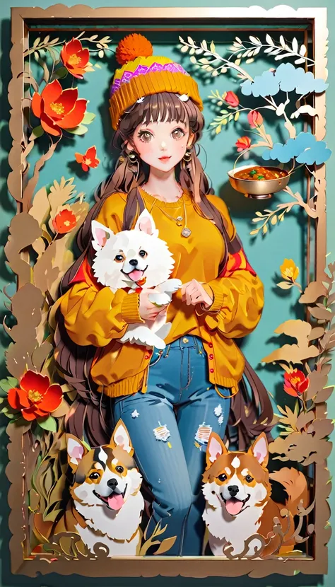 (((Paper Cut Style))), (Illustration frame is 3D paper cut: 1.2), (rich and colorful), 1 girl, Brown long hair, Curry long hair, Knitted hat, denim, shirt, 1 dog and girl