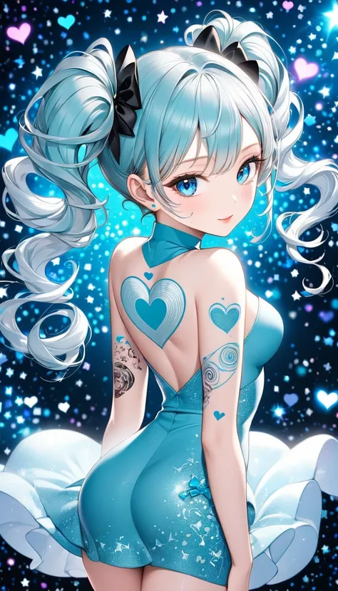 looking back, cute woman, fluffy spiral curl twin tails, blue eyes, attractive and seductive face, make-up, covered in tattoos, wearing tight-fitting knit dress, superlative body proportion, background Tiffany Blue, notes effects, star effects, heart effec...