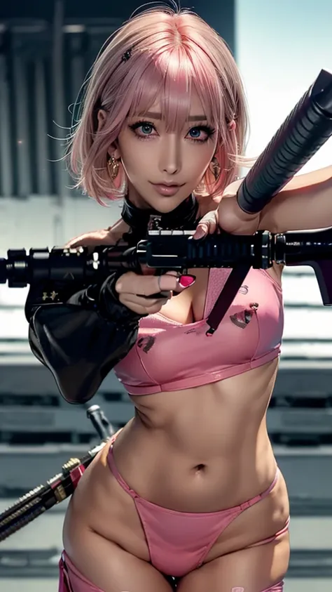 (Highest quality), Realistic, (live-action),(Short Hair,Sharp bangs)Highest quality,Highest quality,8k images,Pink Hair,High heels,Small face,((Big Breasts))Leg spread、1 gun,(((Point the tip of your gun towards the camera:1.6))),Highest quality32K(In comba...