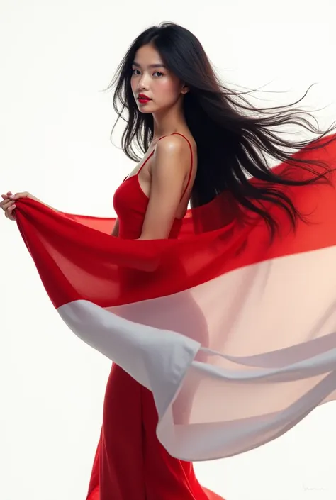 beautiful elegant woman, holding Indonesian flag, female focus, black hair, white background