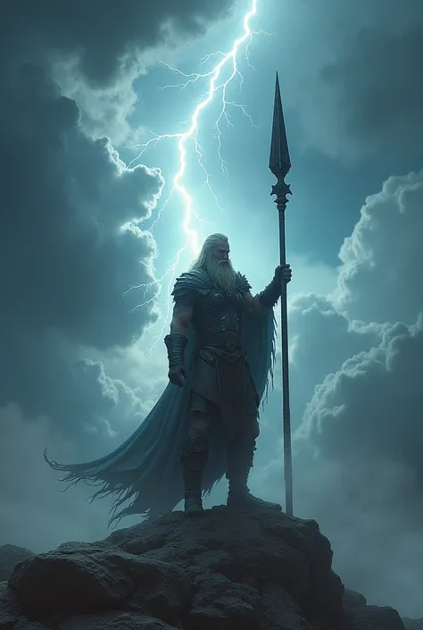 A giant spear, Gungnir, Odin the god of war and death, splitting the clouds, piercing the sky, clad in lightning bolts,