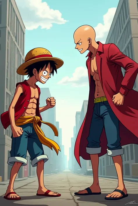 Luffy holding saitama angirly
