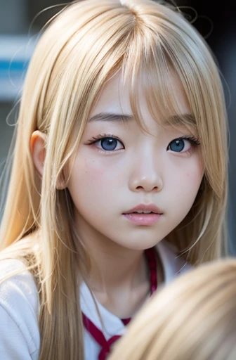 Create a photo of a korean Asian teenager,beautiful girl, pltinum blondehair,10yo,narrow eyes:1.5