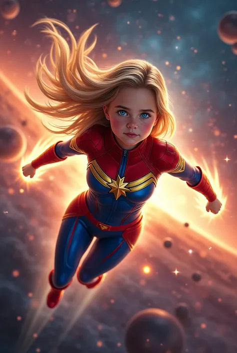 Female super hero, outfit inspired in comics Captain Marvel, Galaxy background, blonde long hair, light power, blue eyes, realistic art, young hero, flying in a galaxy war