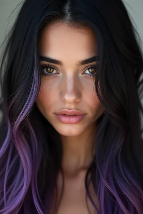 23 year old model woman, long black hair with light purple highlights, amber eyes, photo realist