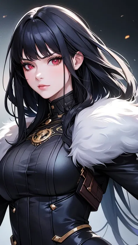 ((Highest quality)), Ultra-high resolution,Adult women, alone, sexy, (Stern face), (Red eyes), Beautiful face in every detail,(High resolution detail of human skin texture), (Black irregular long hair), Black coat,Black suit pants,A mercenary woman,（have a...