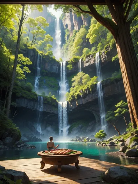 In a giant forest，masterpiece，barbecue，Giant ginkgo tree，Super high-end ingredients，steak，Huge waterfall，Beautiful views，Great view，Clean river，meat，Paradise，romantic，Drink，mysterious，Fantasy，perfection