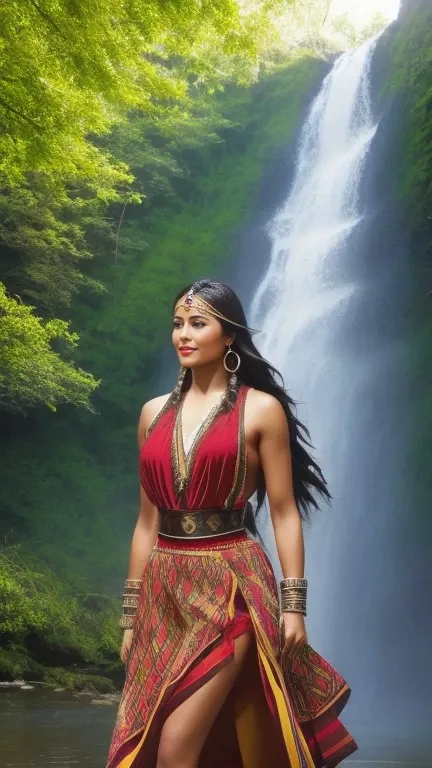 Araffe woman in native dress walking in front of a waterfall, Pocahontas, retrato de un joven Pocahontas, smiling, big chest, strong hips, curvilinear.retrato de Pocahontas, warrior dress, Warrior woman, Warrior Princess, amazon warrior, cave woman, dwayne...