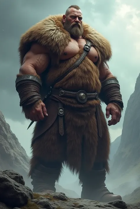 2 meter 50 Viking with bear skin as clothing muscular but thin