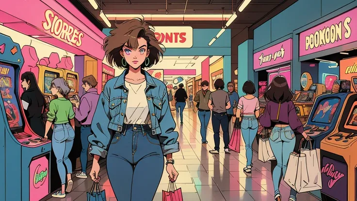 In the style of the 1980s、Create an illustration of a character walking through a shopping mall。Character wears casual denim jacket and high waist jeans、I have a shopping bag in my hand。In the background there are neon signs and colorful advertisements.、In...