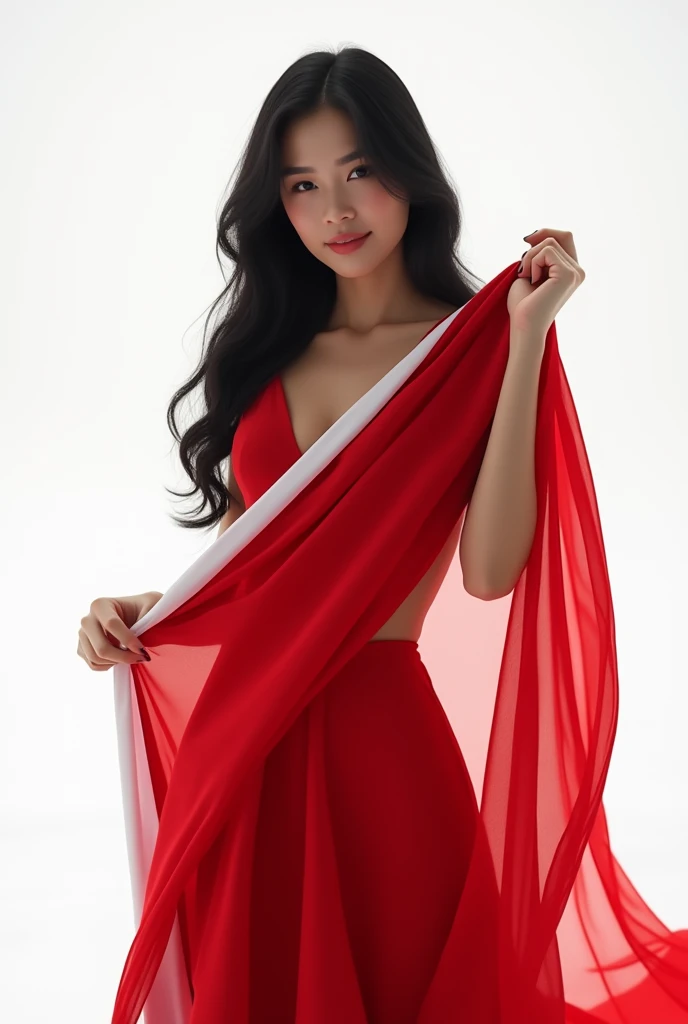 beautiful elegant woman, holding Indonesian flag, female focus, black hair, evening dress, white background