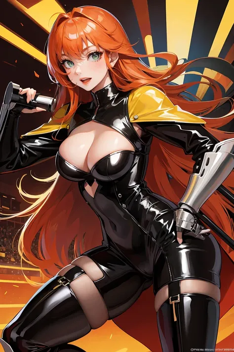 long orange hair, green eyes, large cleavage, red lipstick, black latex boots