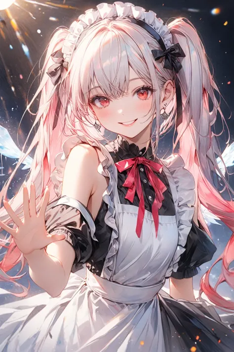 (8K, Highest quality, masterpiece:1.2),(Highest quality:1.0), (Ultra-high resolution:1.0), watercolor, 1girl,solo,White hair,twin tail,long hair,maids outfit,cold shoulder,red eyes,reaching out,smile from ear to ear, Very bright and luminous design, pastel...