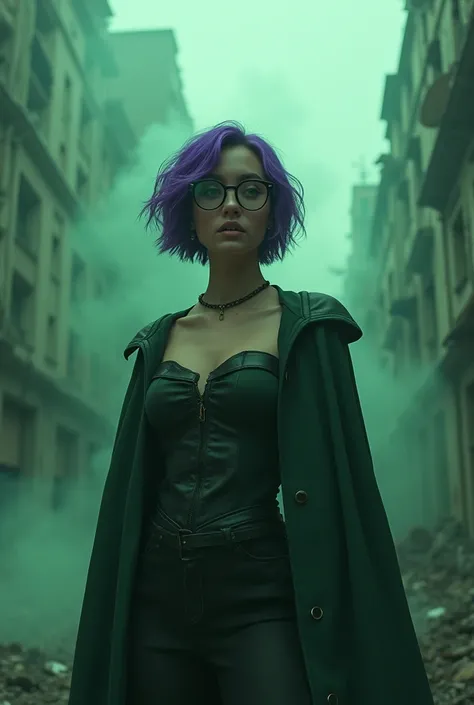 
postapocalyptic city, green mist, 1girl, young women, masterpiece, mistress, goddess,short hair ,((puple hair)),glasses. elena zea