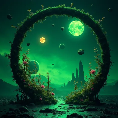 Circular frame, Outer space, neon green colors, Planets and asteroids, strange plants.