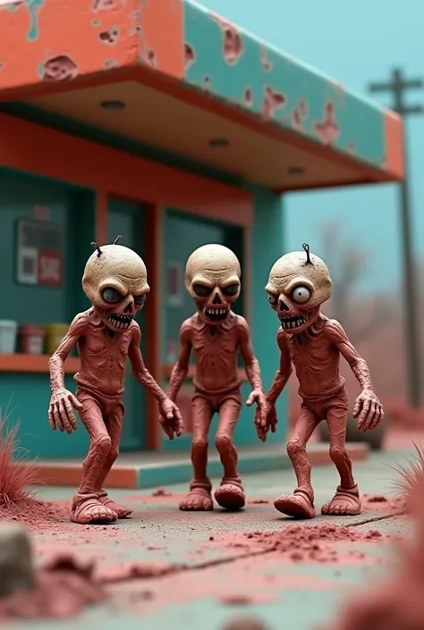 Survole dUn Groupe de Zombie Post ApocaLyptique en Argile Animée, Exterieur Station Service en Pate á Modelé. Pétrole, Argile Poudreux . Diorama. Scène de Vie. Dark Cartoon. Visqeux Viscosité. Couleurs Acidulées. 