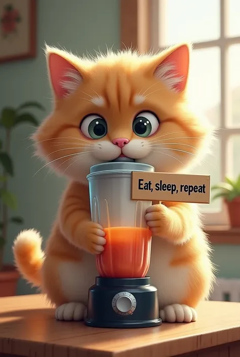 The sign the cat is holding reads: "Eat, sleep, repeat" And Pumpkaboom、A humorous and quirky scene featuring a fluffy cat trying to eat a high-performance blender as if its a delicious treat. The cat, with its soft, fluffy fur and a determined yet slightly...