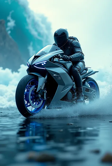 A man rides a blue wave motorbike 