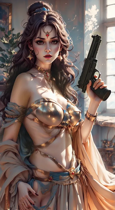 arafed woman in a costume holding a gun and wearing a dress, artgerm. anime illustration, artgerm julie bell beeple, alena aenami and artgerm, style ivan talavera and artgerm, artgerm. high detail, artgerm style, in style of artgerm, artgerm and rossdraws