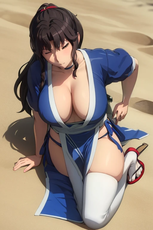 masterpiece, best quality, beautiful art, high resolution, well formed hands, body and fingers, 1 woman, solo,Kaoru  Tanamachi, 31 years old, hair ornament,  adult, grown up, big breasted, cleavage,  full body, braided long hair, blue_japanese_clothes, wea...