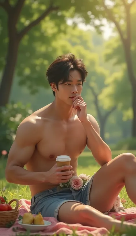 photorealistic, best quality, masterpiece, extremely detailed, sexy, homoerotic, extremely handsome, youthful, 25 year old muscular korean man, fair skin, (((muscular bodybuilder))), (((massive thighs))), wearing tank top and tiny shorts, sitting and havin...