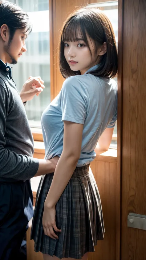 1 school girl being hugged from back by 1 man:1.2,close to each other:1.1), (mans hand touching her breast:1.1),very cute face,bob cut,School uniform,embarrassed,hotel room,perfect anatomy, masterpiece, best quality,8k,perfect face,from front,upper body