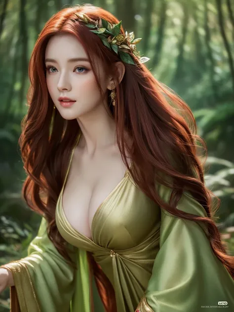 a beautiful redheaded asian girl, long very silky hair, elegant elf dress, dense forest, no sunlight, detailed face and eyes, very big tits (best quality,4k,8k,highres,masterpiece:1.2),ultra-detailed,(realistic,photorealistic,photo-realistic:1.37),magical ...