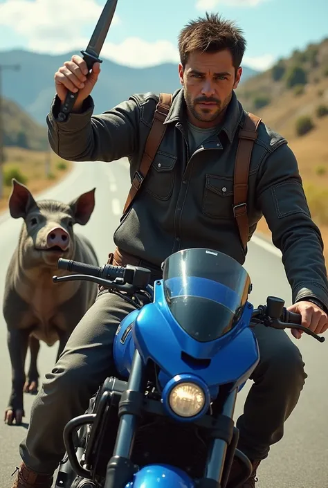 A man driving a blue wave motorbike And carrying a pig-stabbing knife
