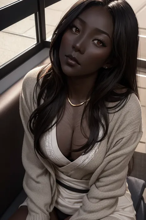 Beautiful lady who is Half African and half Japanese. ( Dark skin:1.6 ) . Asian facial features. thick long hair. spread legs sitting. looking up from above. red cheek. incoming kiss.