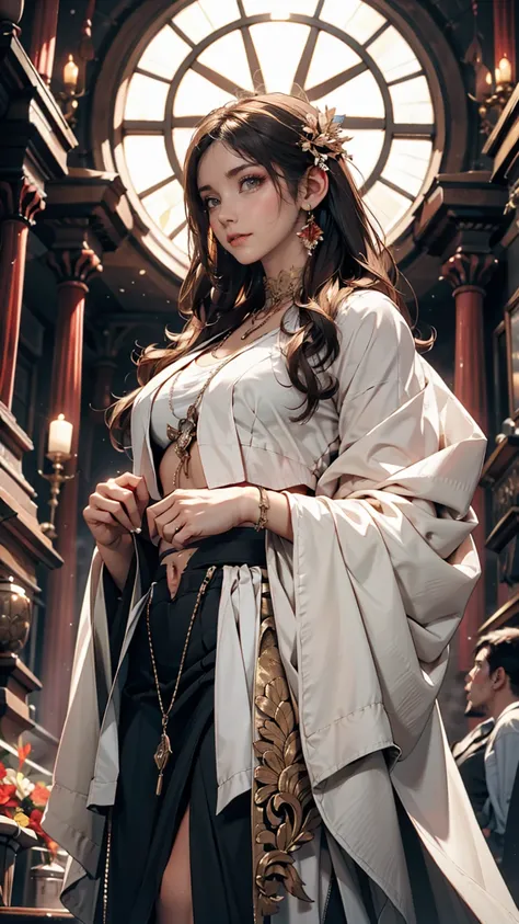 God&#39;s Embrace、24-year-old woman、Attractive Young Woman, (Beautiful Face:1.1), Detailed eyes, Seductive lips, (eye make up:1.2), (Medium chest:1.0), (Toned body:1.2), Sexy proportions、Narrow waist、Cropped tops((crop top))Midriff jacket on top((midriff j...