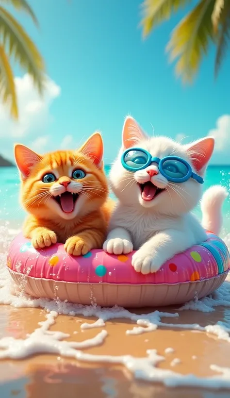 Two cute cats, One is bright orange、The other one is white、He has blue goggles on his head, Floating on a swim ring at the beach, Laughing happily, In bright colors, Clear details, Natural light, Active movement, Summer atmosphere, Water waves splash all a...