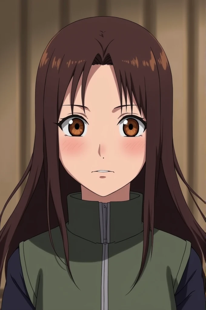 ((best quality)), ((masterpiece)), (detailed), perfect face Naruto animation Woman about 14 Long brown hair Von eyes of different colors 