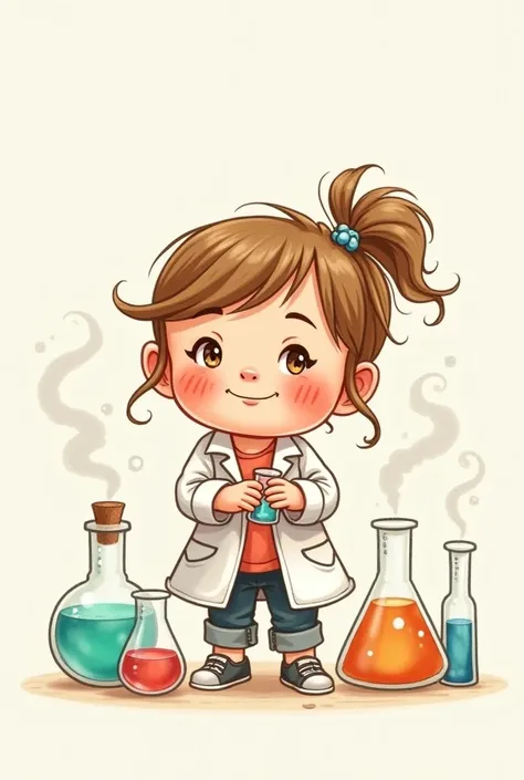 An illustration of a little baby girl with test tubes and chemistry stuff, like a mini crazy but happy scientist. De forma astethic. How to draw without a background. In pastel colors