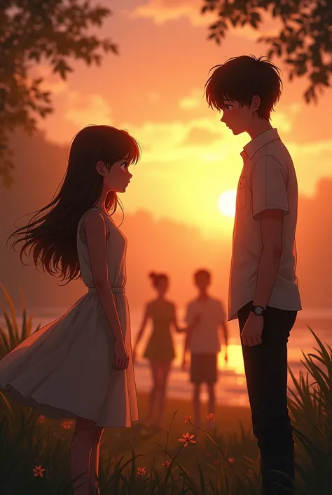 A girl admiring a boy from a distance and the boy is surrounded by his friends with his back to the girl at sunset highlighting the boy 
