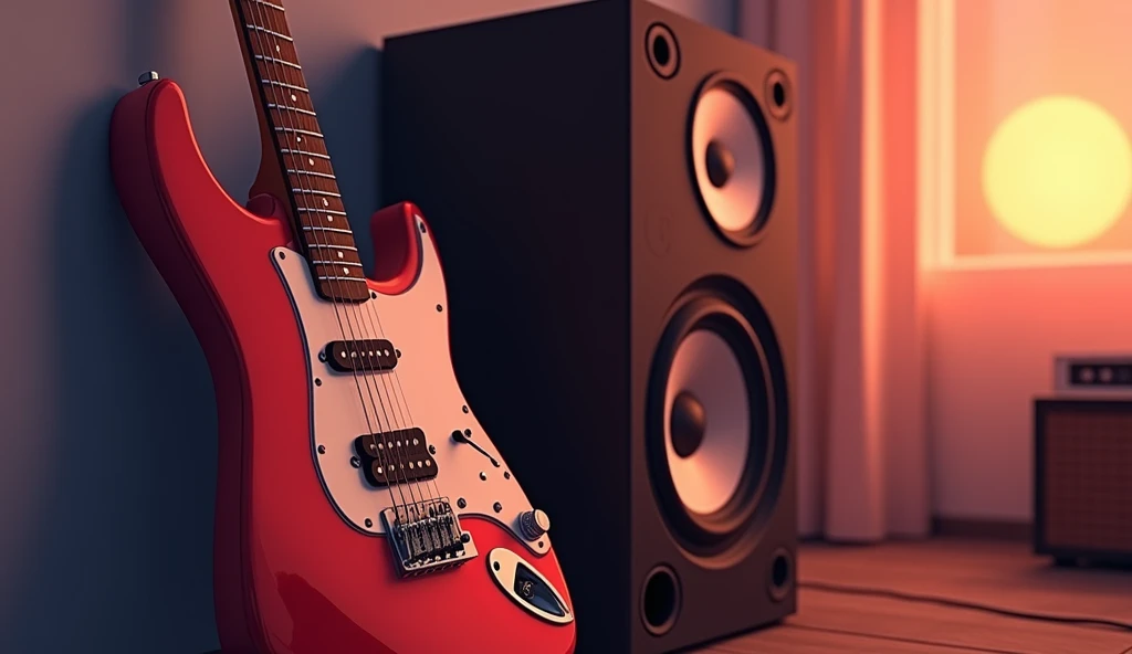 white　Emotional　computer　speaker　An all-red electric guitar leaning against a wall　Desktop Music　dawn　An illustration　Anime Style　Electric guitar close-up