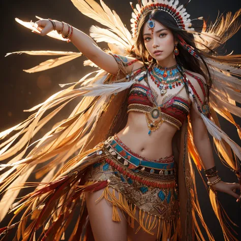 Native American beauty in dance poses, luxurious leather ponchos embroidered with intricate embroidery, flowing tulle, feather hair ornaments, war bonnet, tattoo, brown skin, Indian jewelry, Native American pattern, transparent and long colorful ubert on a...