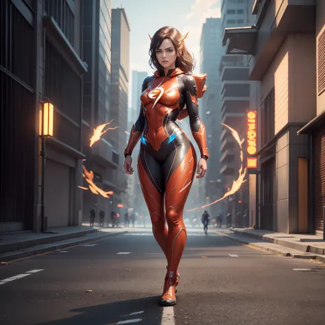 1 women in flash costumes, defined body, high definition camera, 8k image, big-ass((photo by full body, standing, feet on the gr...