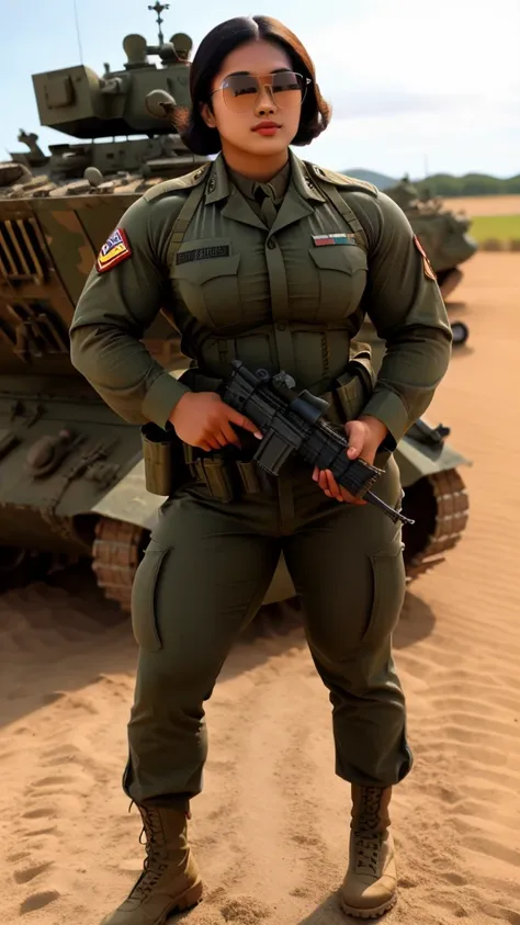 Realistic Malay cute girl holding a automatic rifle and aiming to shoot , fair and glossy skin, muscular body, Blackhair, Sun glasses, wearing military uniform, with a battlefield background, in 1942s