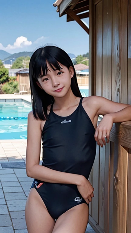 Highest quality、Realistic、Primary school students、zoom、Orange eyes、Black Hair、Light Blue Swimsuit、slender、Small breasts、Inappropriate smile、Pool、Cowboy Shot、