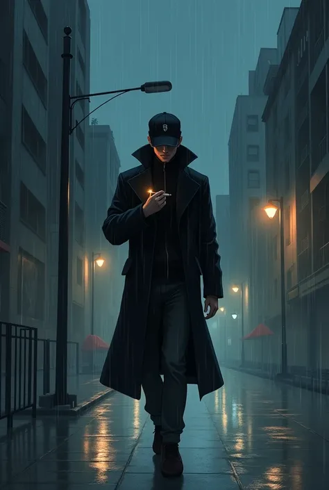 Generate me an anime drawing of a man in a black coat with a cigarette in the middle of the rain and with the cap of the coat on while walking. Please