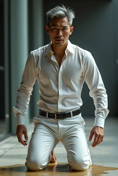 Gentleman asian 25-year-old,tight chest muscles, super tight shirt, super tight pants, bulging crotch,wet body, Transparent see through white shirt, pull off shirt,（1 Adult male），A high resolution， Sharp focus，（（Complicated details））， highly  detailed，Mult...