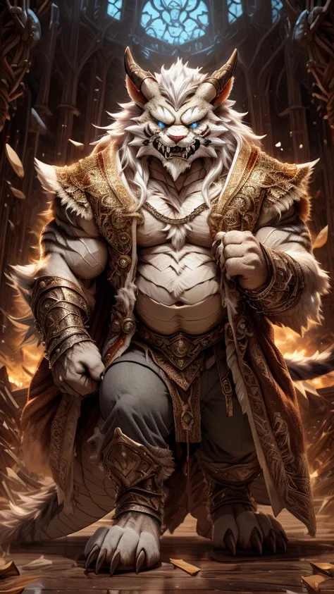 head、Animal cat face、A pair of dragon horns，Full body of fluffy white hair、Heavy breathing、Fluffy belly、Strong body，Wearing imperial robes，Wearing fancy clothes, Detailed fan art，anger，在石head上眺望远方，pant，Sweat，White Teeth，is heavily injured，He had a scar on ...