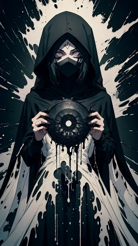 horror film style the image portrays a dark and enigmatic figure, clad in a long cloak that obscures their identity. the figure is situated within a circular motif composed of splattered black ink, reminiscent of an ethereal halo or aura surrounding them. ...