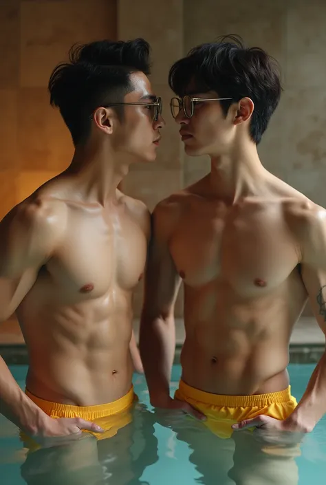 a couple of two gentleman korean stylish glasses boys, two boys skinships of love, stylish glasses gays, tight thongs with huge bulges, artistic glasses slendermusclemen, big bulges, having sex, erection, muscular, big cock, long cock, semen burst on face,...