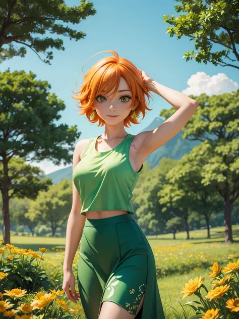 nami in a green field, with the sunlight illuminating her face and her orange hair. she is in a relaxed pose, wearing a sleevele...