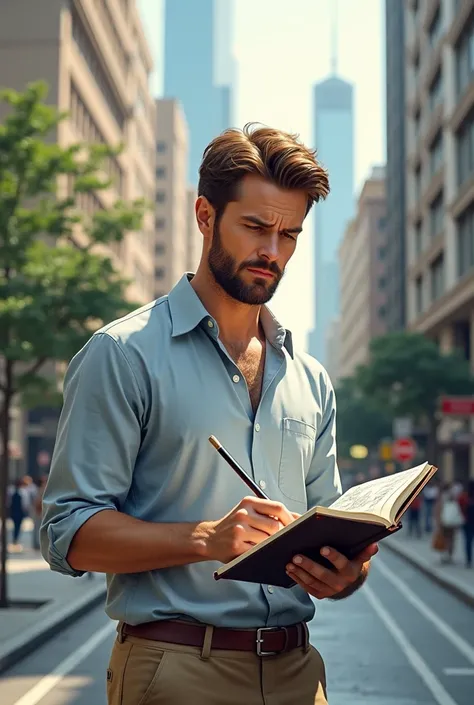 A man in his 30s observing his surroundings and taking his notebook out of his pocket to draw it