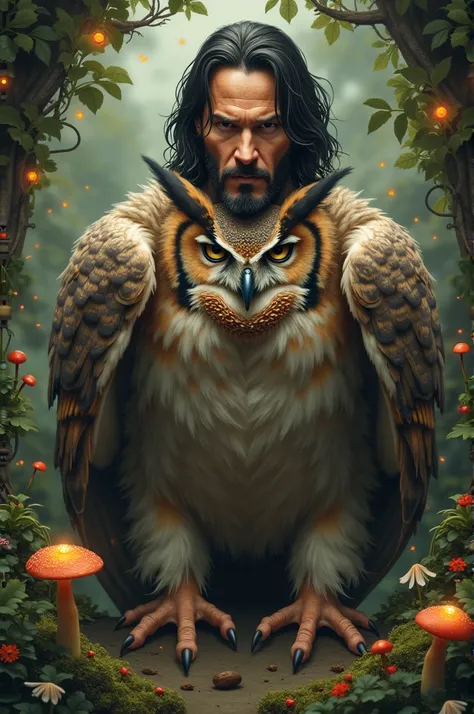 Create a bohemian image where Keanu Reeves appears with an owl body