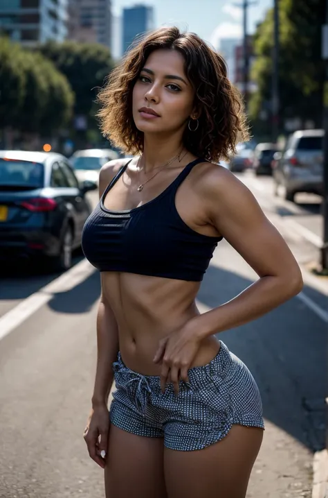 a colombian mature curly haired busty lady standing in the middle of traffic looking up at the solar eclipse dressed in ripped b...