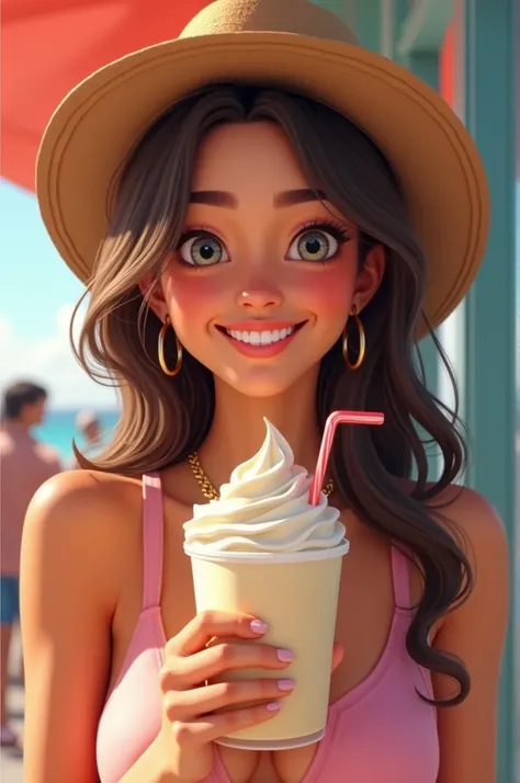 a woman looking at the camera holding a milkshake, She is smiling